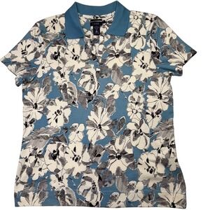 IZOD X-Tra Dry Floral Print Polo Shirt Blue White Women's M Preppy Resort Golf